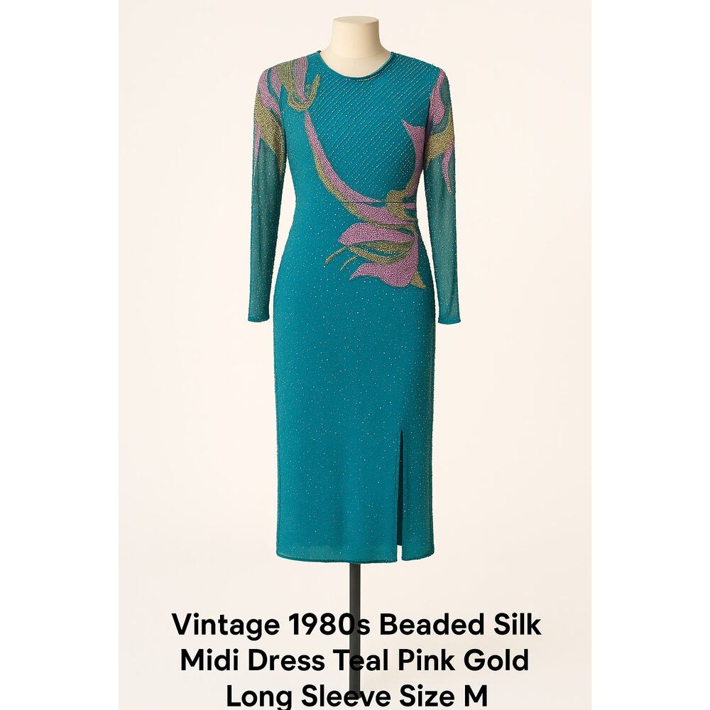 Vintage 1980s fully Beaded Silk Midi Dress Teal Pink Gold Long Sleeve Size M